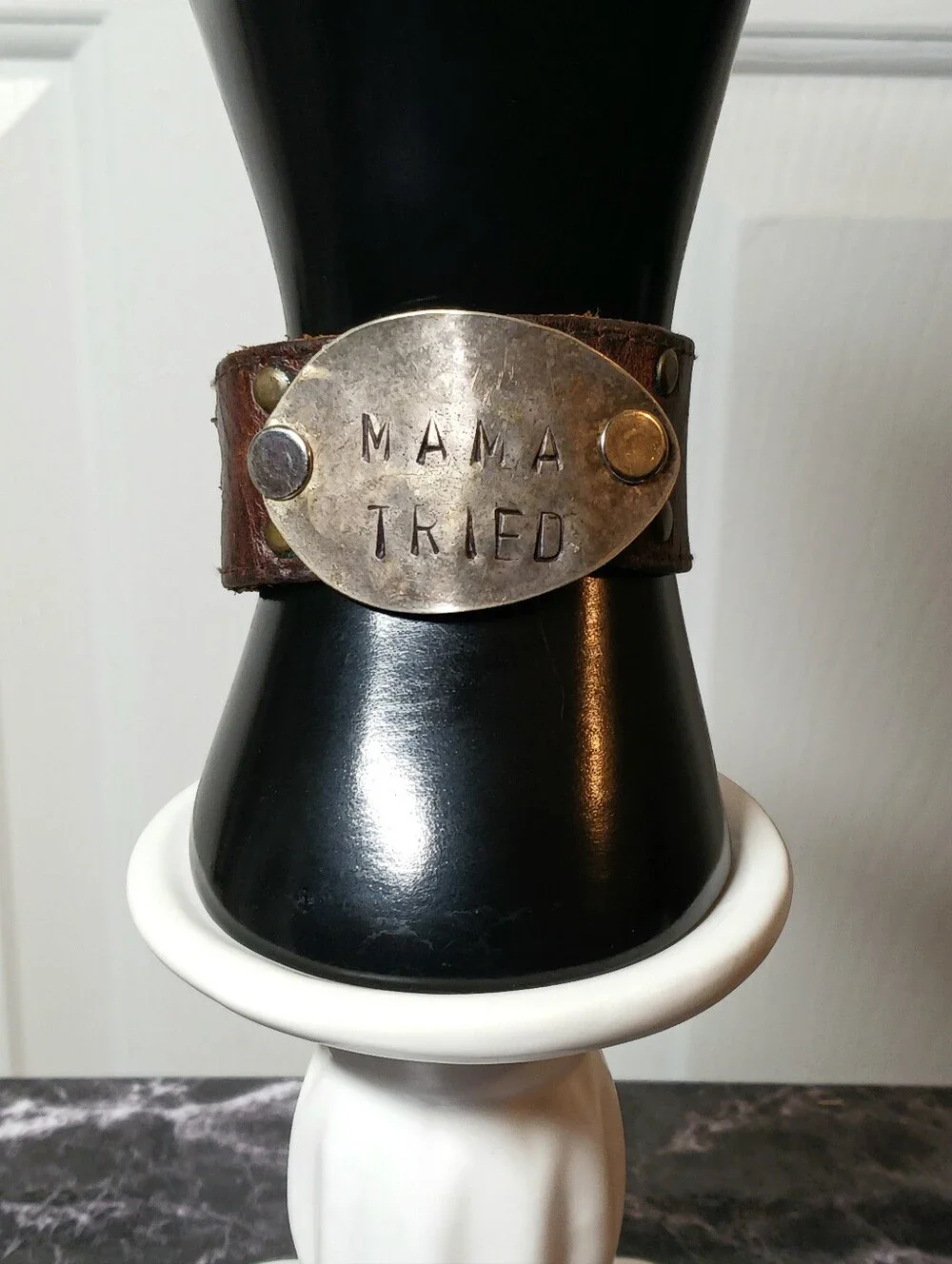 Handcrafted Brown Leather Cuff Bracelet with Brass Plate 